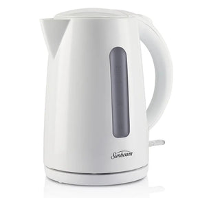 White electric kettle with gray handle on a white background, featuring the Sunbeam brand.