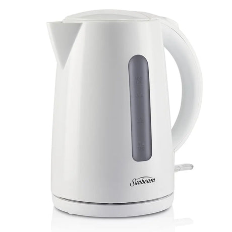 White electric kettle with gray handle on a white background, featuring the Sunbeam brand.