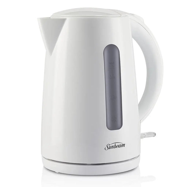 White electric kettle with gray handle on a white background, featuring the Sunbeam brand.