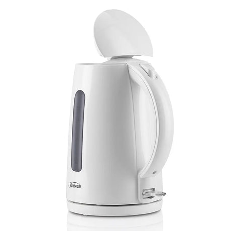 White electric kettle with a gray handle on a white background