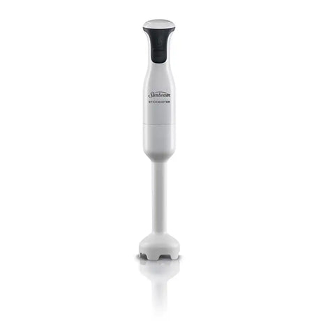White immersion blender with black top on a white background