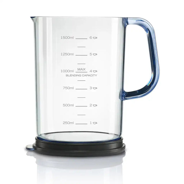 Clear measuring jug with blue handle and black base on a white background