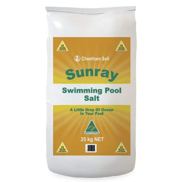 A 25 kg bag of Cheetham Salt Sunray Swimming Pool Salt, featuring a white plastic bag with a prominent yellow-orange label.
