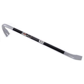 Metal crowbar with a black handle on a white background