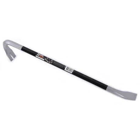 Metal crowbar with a black handle on a white background