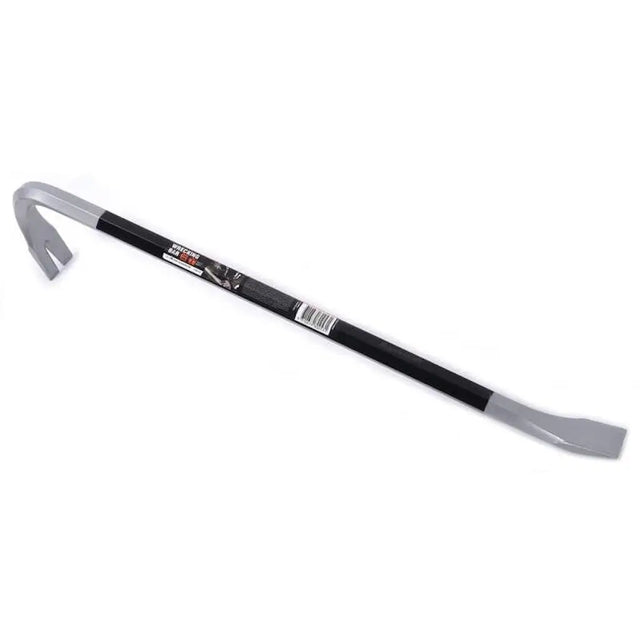 Metal crowbar with a black handle on a white background