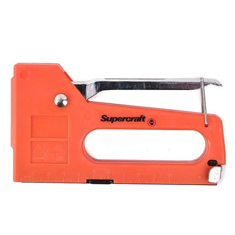 Orange staple gun with 'Supercraft' branding on a white background