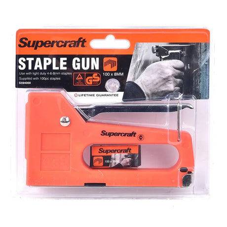 Supercraft staple gun in packaging with branding and product details.