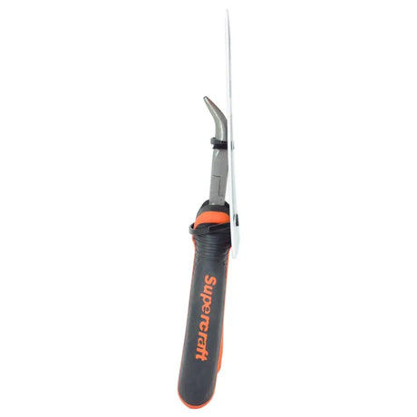 Fishing hook with a black handle and orange accents on a white background