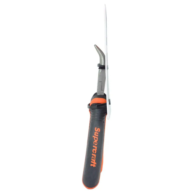 Fishing hook with a black handle and orange accents on a white background