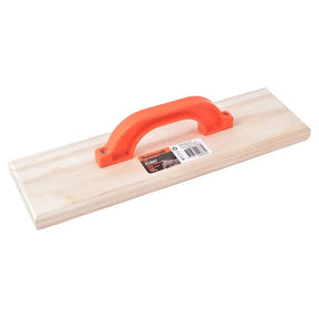 Wooden float tool with an orange handle on a white background