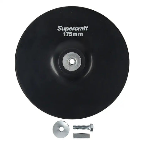 Black wheel with 'Supercraft' branding and size '175mm', accompanied by a screw and washer on a white background.