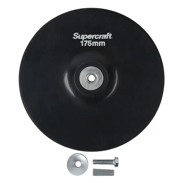Black wheel with 'Supercraft' branding and size '175mm', accompanied by a screw and washer on a white background.