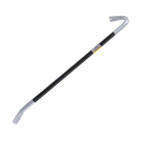 Metal crowbar with a black handle on a white background