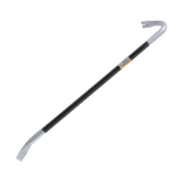 Metal crowbar with a black handle on a white background