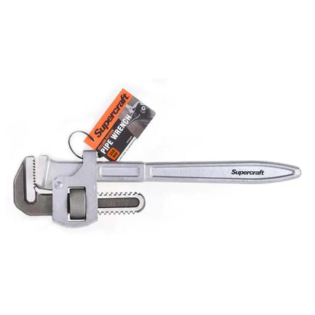 A silver and gray pipe wrench with a long metal bar, shown on a plain white background with an attached Supercraft product tag.