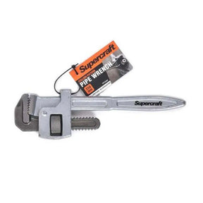A silver metal pipe wrench with an orange and black Supercraft hangtag attached, shown on a plain white background.