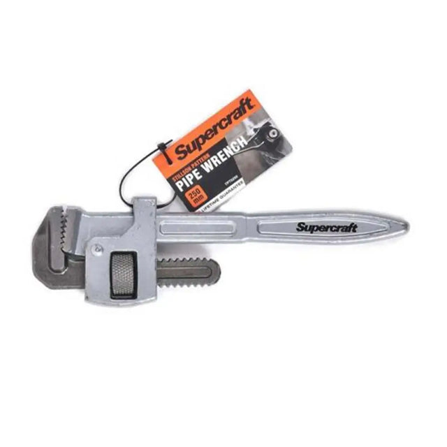 A silver metal pipe wrench with an orange and black Supercraft hangtag attached, shown on a plain white background.