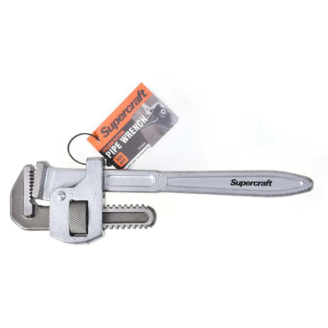 A silver metal pipe wrench with an adjustable jaw and a hanging orange and gray Supercraft tag, photographed on a plain white background.