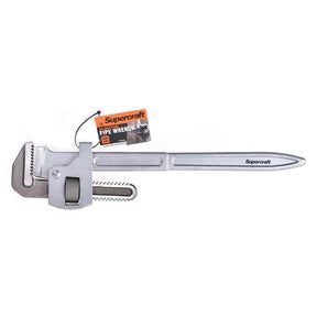 A silver metal pipe wrench with a hanging tag that reads 'Supercraft PIPE WRENCH' on a plain white background.