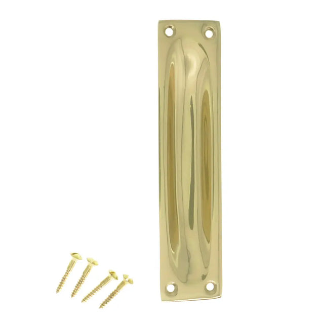 Polished brass door handle with screws on a white background