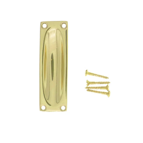 Polished brass door handle with screws on a white background