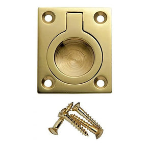 Brass cabinet pull with screws on a white background