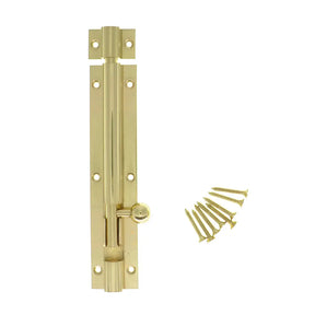 Gold door latch with screws on a white background