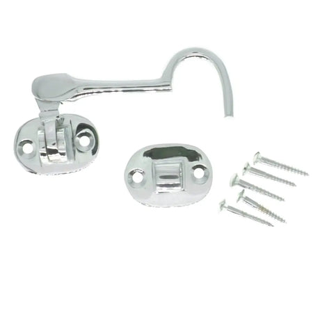 Chrome shower hook with mounting plate and screws on a white background