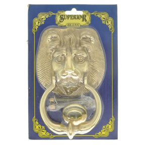 Brass lion head door knocker on a blue and gold packaging