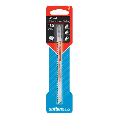 Sutton Tools 130 mm 8-tooth reciprocating wood T-shank jigsaw blade in retail blister packaging, shown against a plain white background.