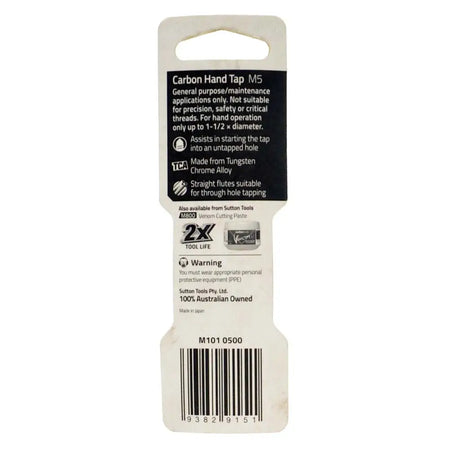 Carbon hand tap M5 packaging with text and barcode on a white background