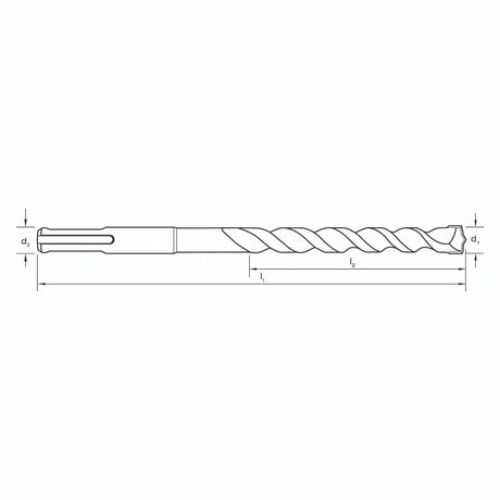 Technical line drawing of a twist drill bit with dimension annotations, shown horizontally on a plain white background.