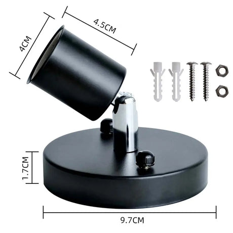 Black and silver light fixture with dimensions and hardware components on a white background
