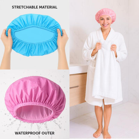 A collage showing a stretchable shower cap in two colors: a bright blue version held up by hands, and a pink version labeled 'WATERPROOF OUTER.' A smiling woman in a white robe and pink shower cap stands in a bathroom setting.