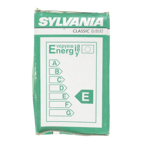 Sylvania light bulb packaging with energy efficiency rating label on a white background
