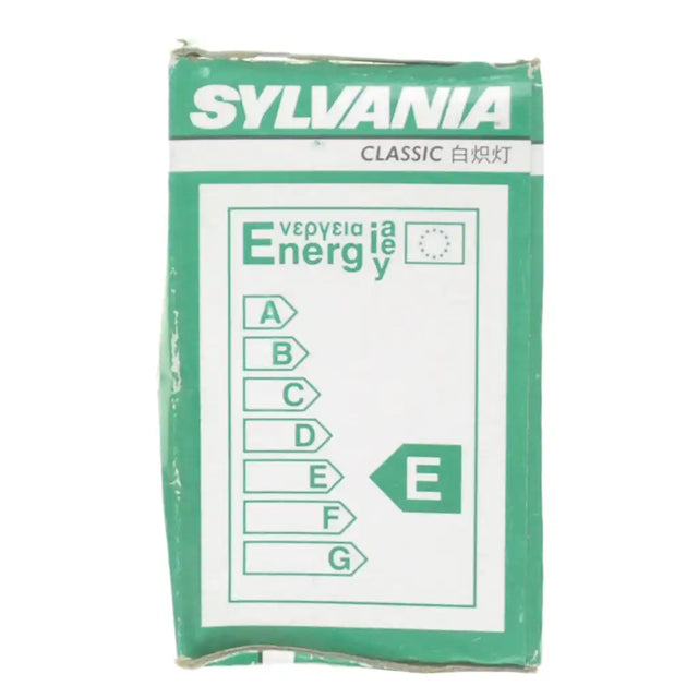 Sylvania light bulb packaging with energy efficiency rating label on a white background