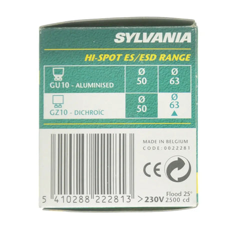 Sylvania light bulb packaging with specifications on a white background