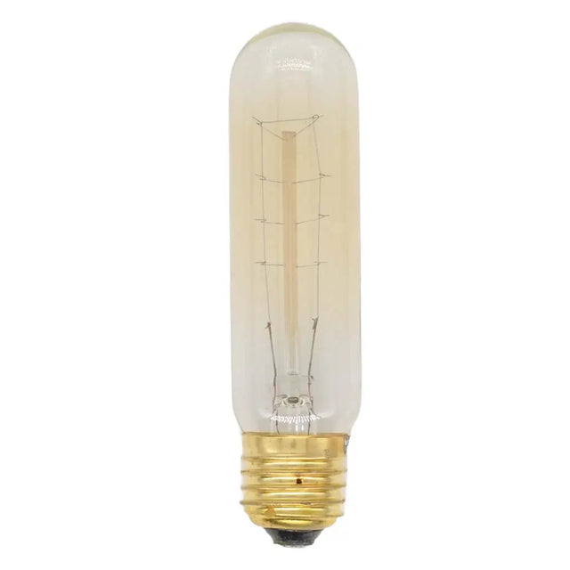 Vintage-style light bulb with a clear glass shade and brass base on a white background