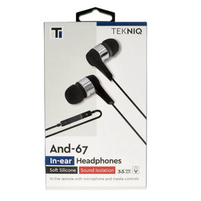 Tekniq And-67 in-ear headphones packaging on a white background
