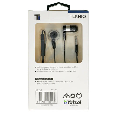 Tekniq headphones in packaging with brand logo and product details.