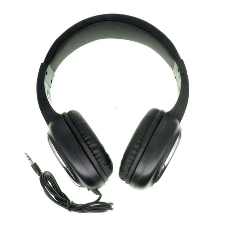 Black headphones with a cable on a white background