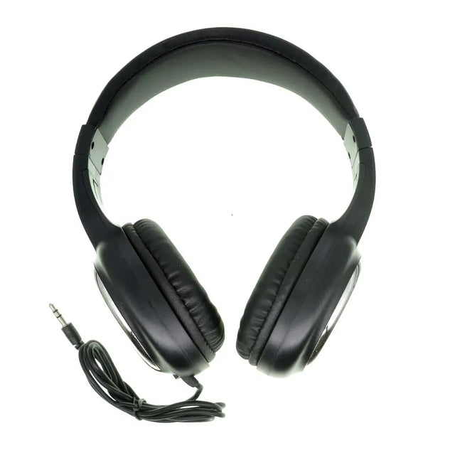 Black headphones with a cable on a white background