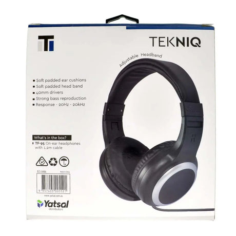 Packaging of TEKNIQ headphones with product details on a white background