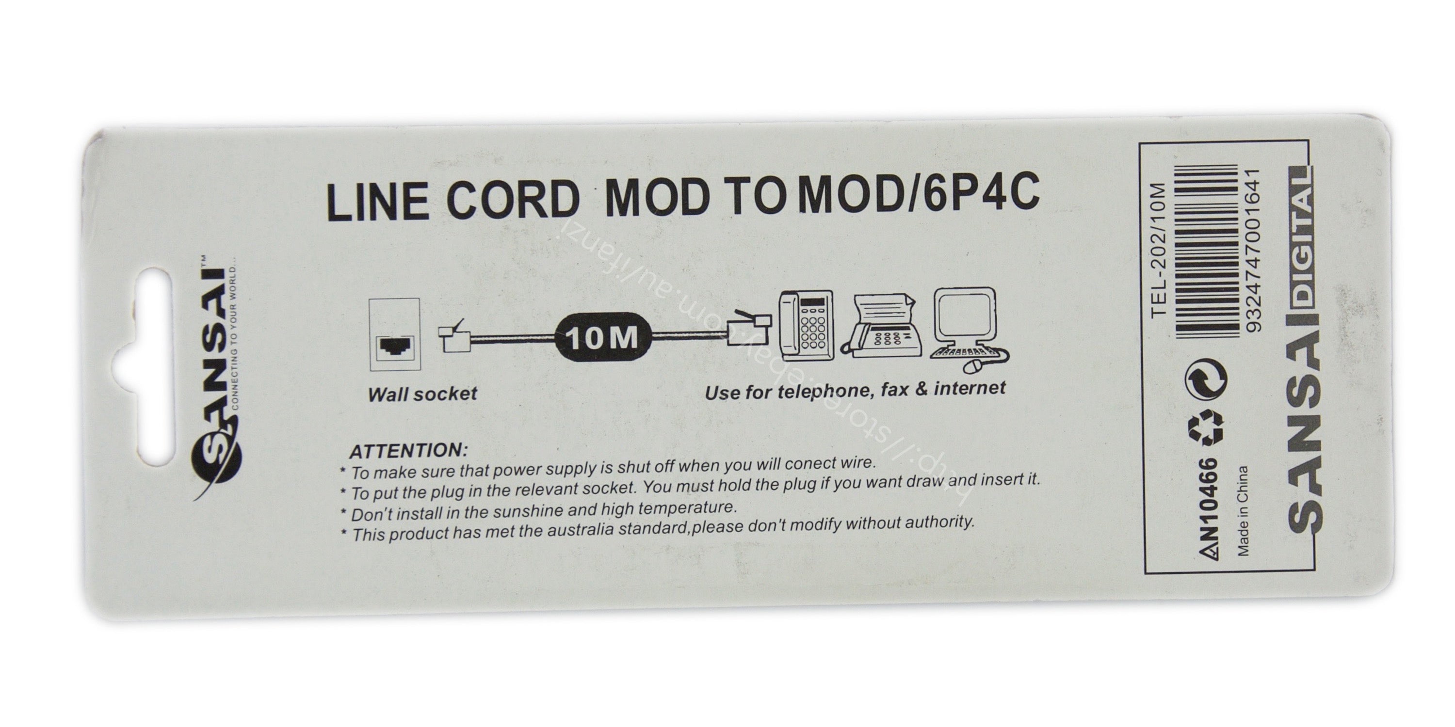 SANSAI 10M Telephone Cable Line Cord Mod to Mod/6P4C TEL-202/10M