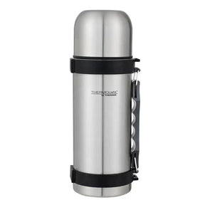 Silver thermos with black bands on a white background