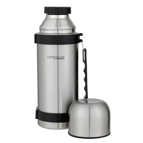 Stainless steel thermos with black accents on a white background
