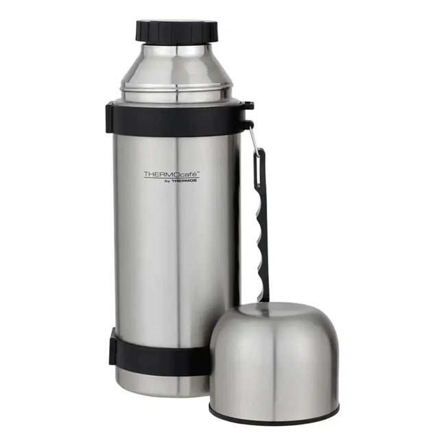 Stainless steel thermos with black accents on a white background