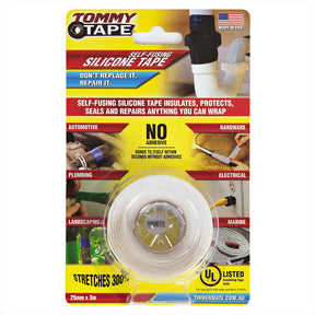 Tommy Tape self-fusing silicone tape packaging with text and images of uses.