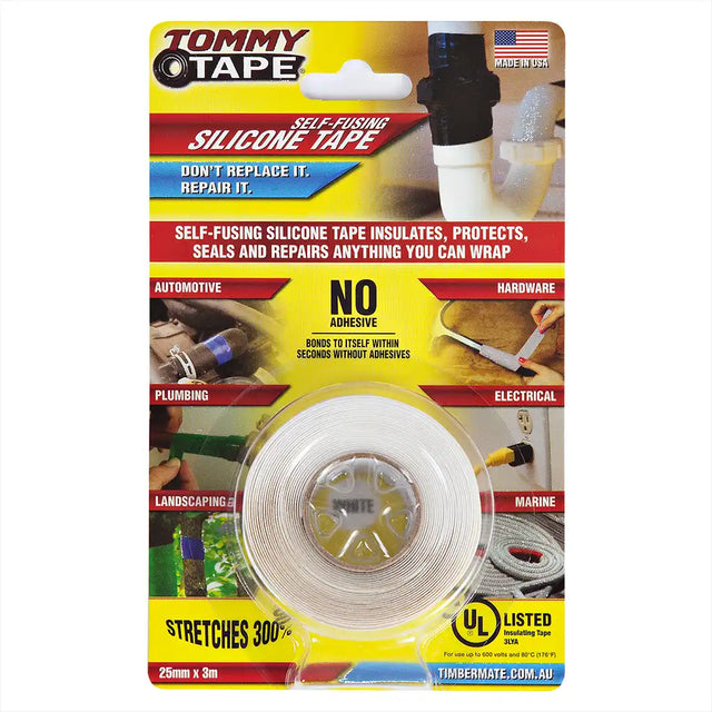 Tommy Tape self-fusing silicone tape packaging with text and images of uses.
